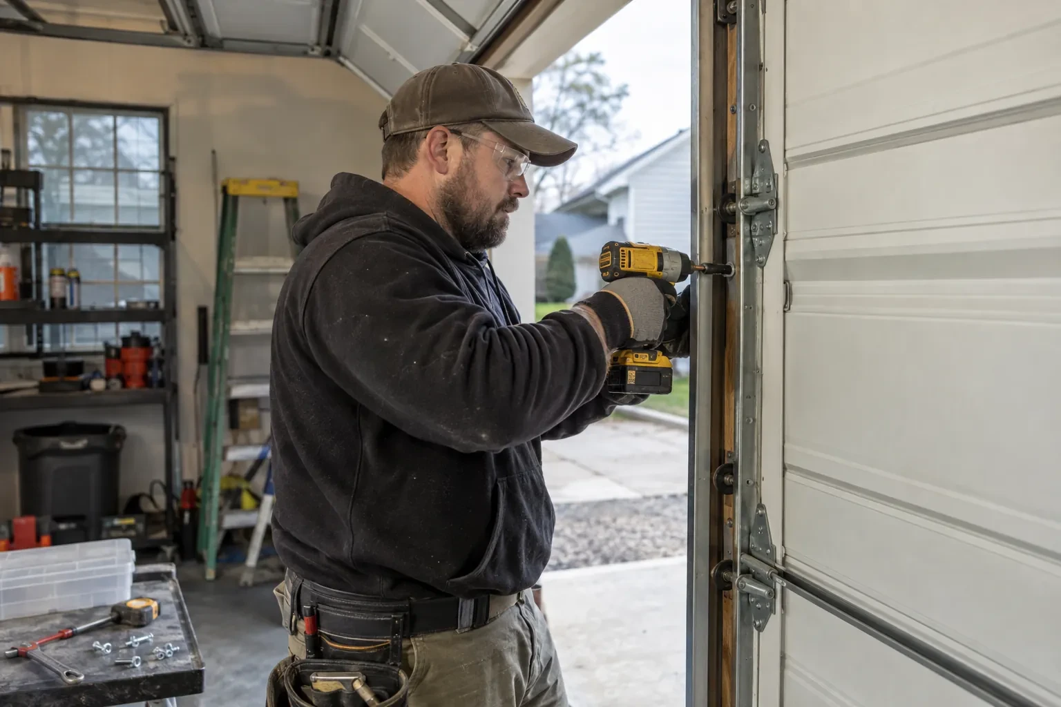 Illustrative garage doors scene; not an actual job