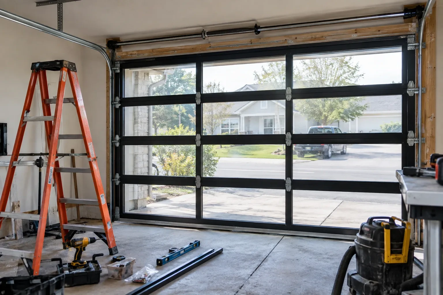 Illustrative garage doors scene; not an actual job