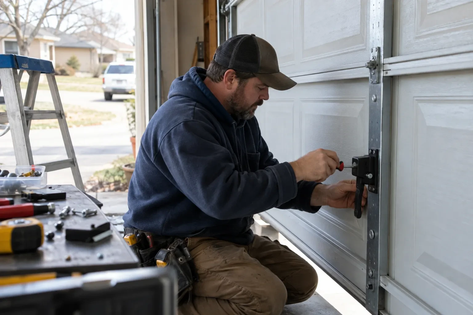 Illustrative garage doors scene; not an actual job
