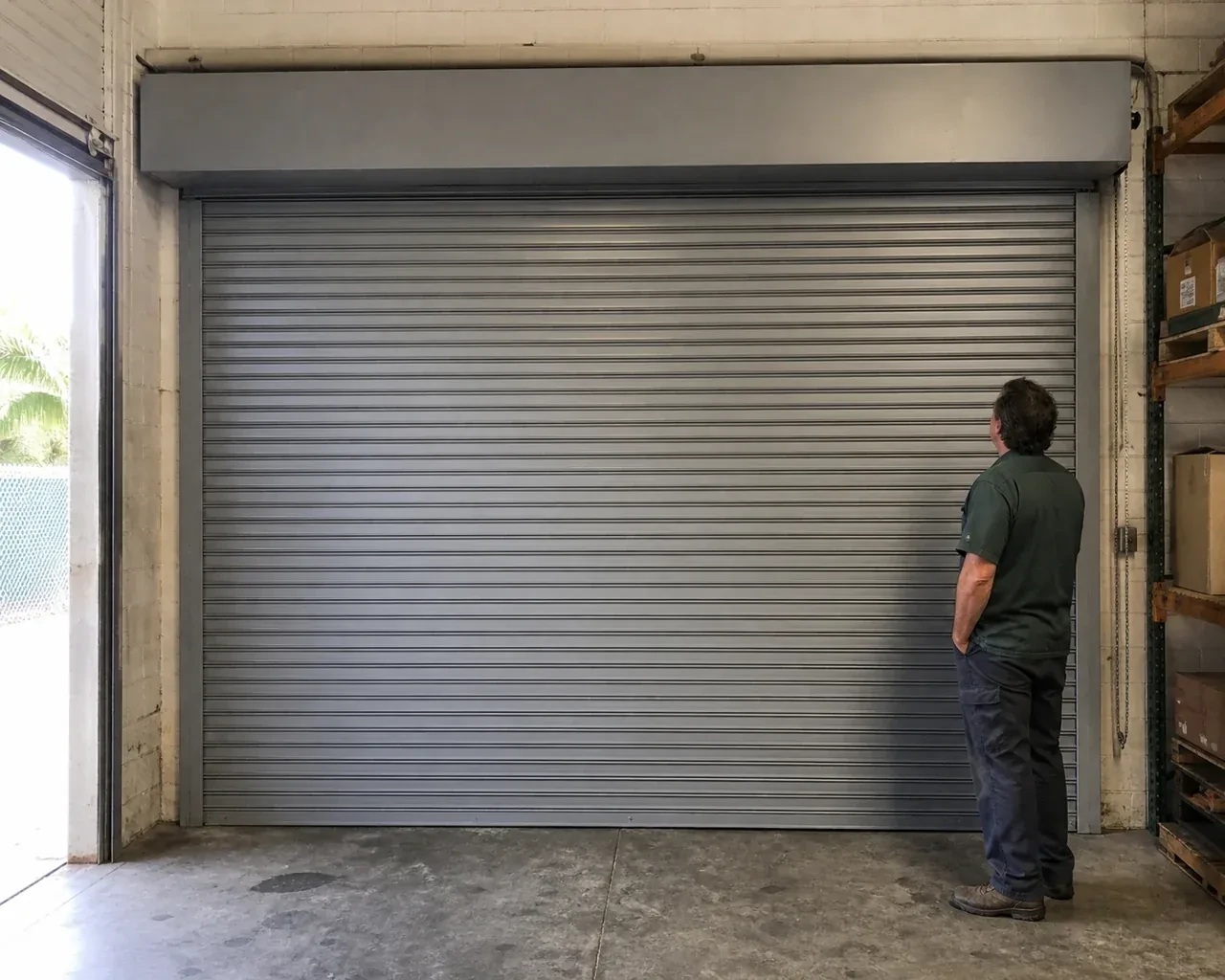 A person examines a closed metal rolling door with narrow horizontal slats, side guides and an overhead hood in a warehouse. — Commercial Rolling Door Repair, Grimsby