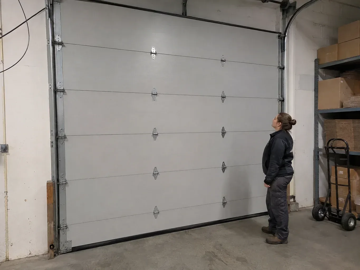 A person looks at a tall closed sectional door with broad panels, hinges and side tracks in a warehouse. — Commercial Sectional Door Repair, Grimsby