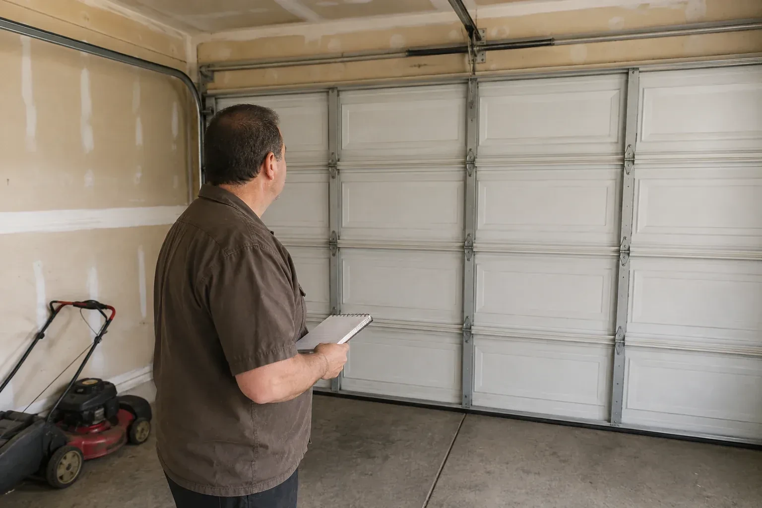 Technician holding a notebook while looking at a closed sectional door. — Garage Door Balance Adjustment, Grimsby