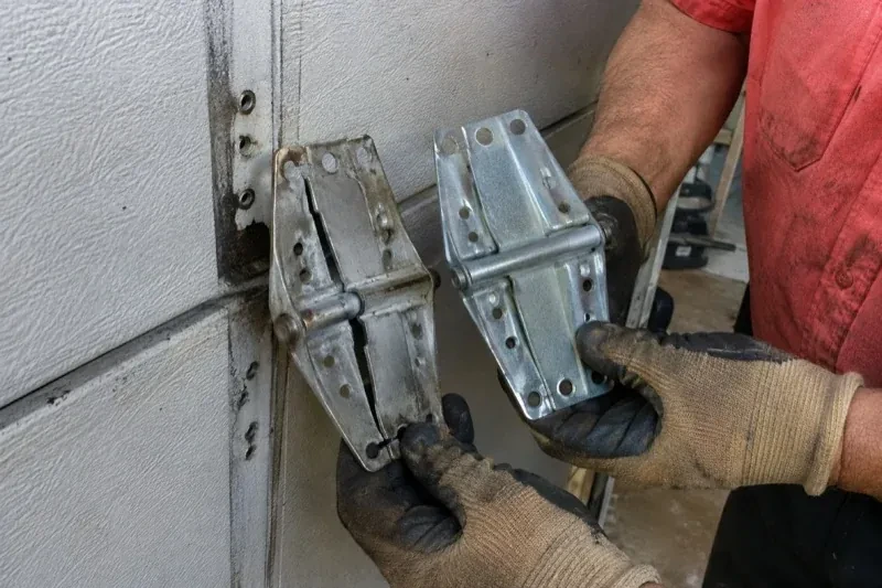 Gloved hands holding two metal garage-door hinges side by side, one discolored with a visible crack and the other bright silver. — Garage Door Hinge Replacement, Grimsby