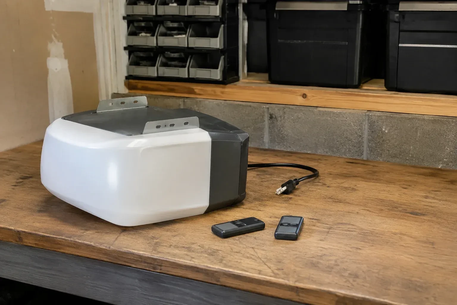 Detached opener housing and two remotes on a garage bench. — Garage Door Opener Replacement, Grimsby