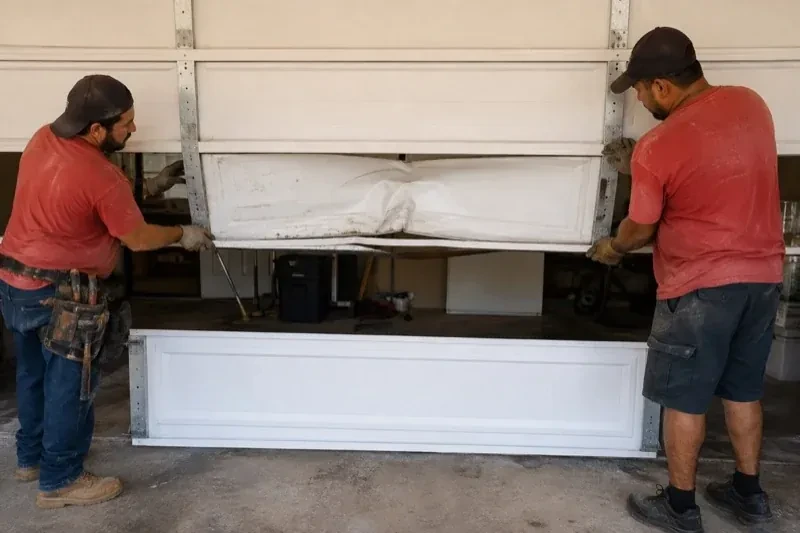 Two people holding a dented lower garage-door section above a separate white panel resting on the ground. — Garage Door Panel Replacement, Grimsby