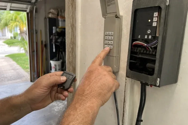 Hands holding a small remote and pressing a wall-mounted keypad beside an open control box with visible wiring. — Garage Door Remote and Keypad Programming, Grimsby