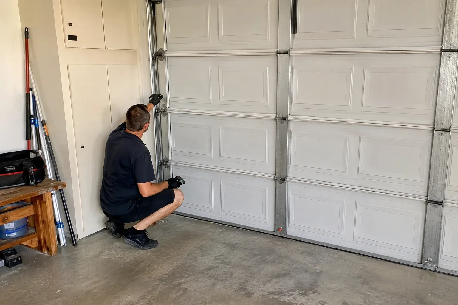 A person kneels beside the side track and hinges of a closed sectional garage door. — Garage Door Safety Inspection, Grimsby