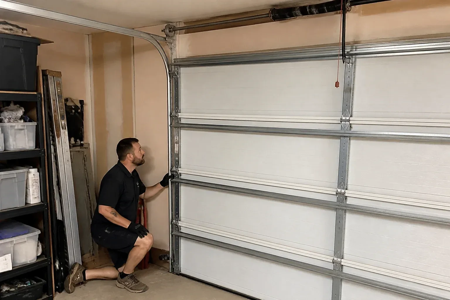 A person examines the vertical side track of a closed garage door. — Garage Door Track Repair or Replacement, Grimsby
