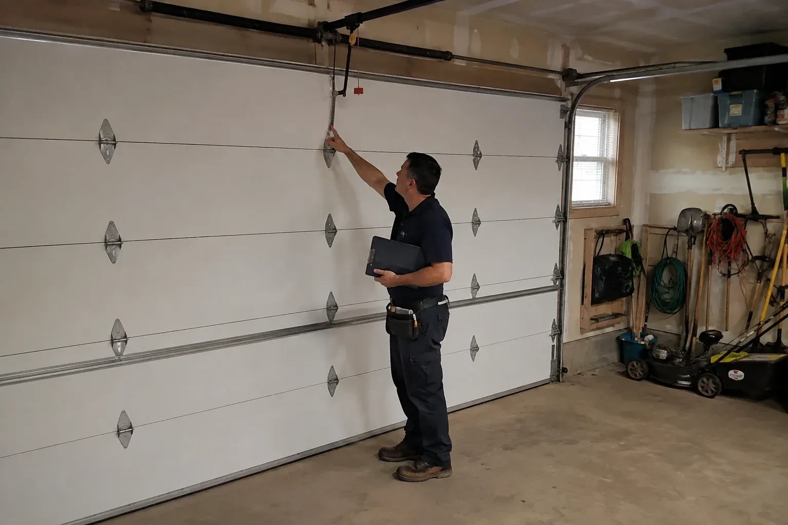 A person holding a clipboard examines the interior hardware of a closed garage door. — Garage Door Tune-Up, Grimsby
