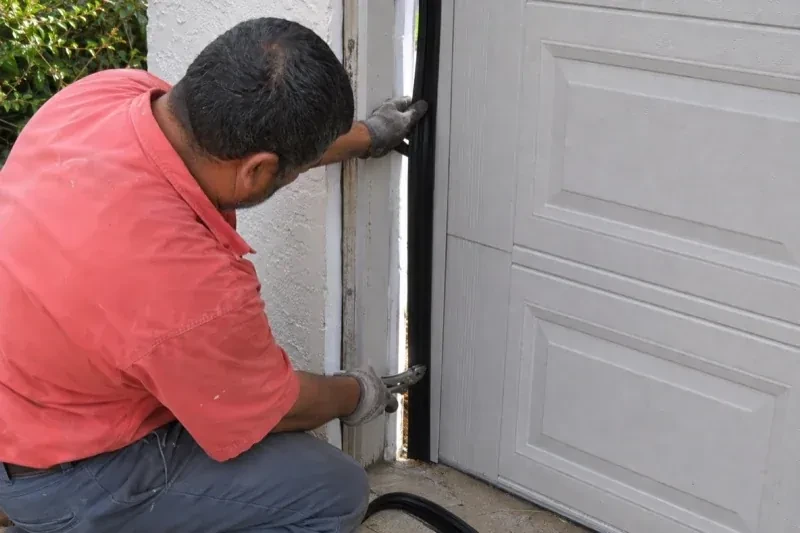 Gloved person holding a black strip along the side of a sectional garage-door opening — Garage Door Perimeter Weatherstrip, Grimsby