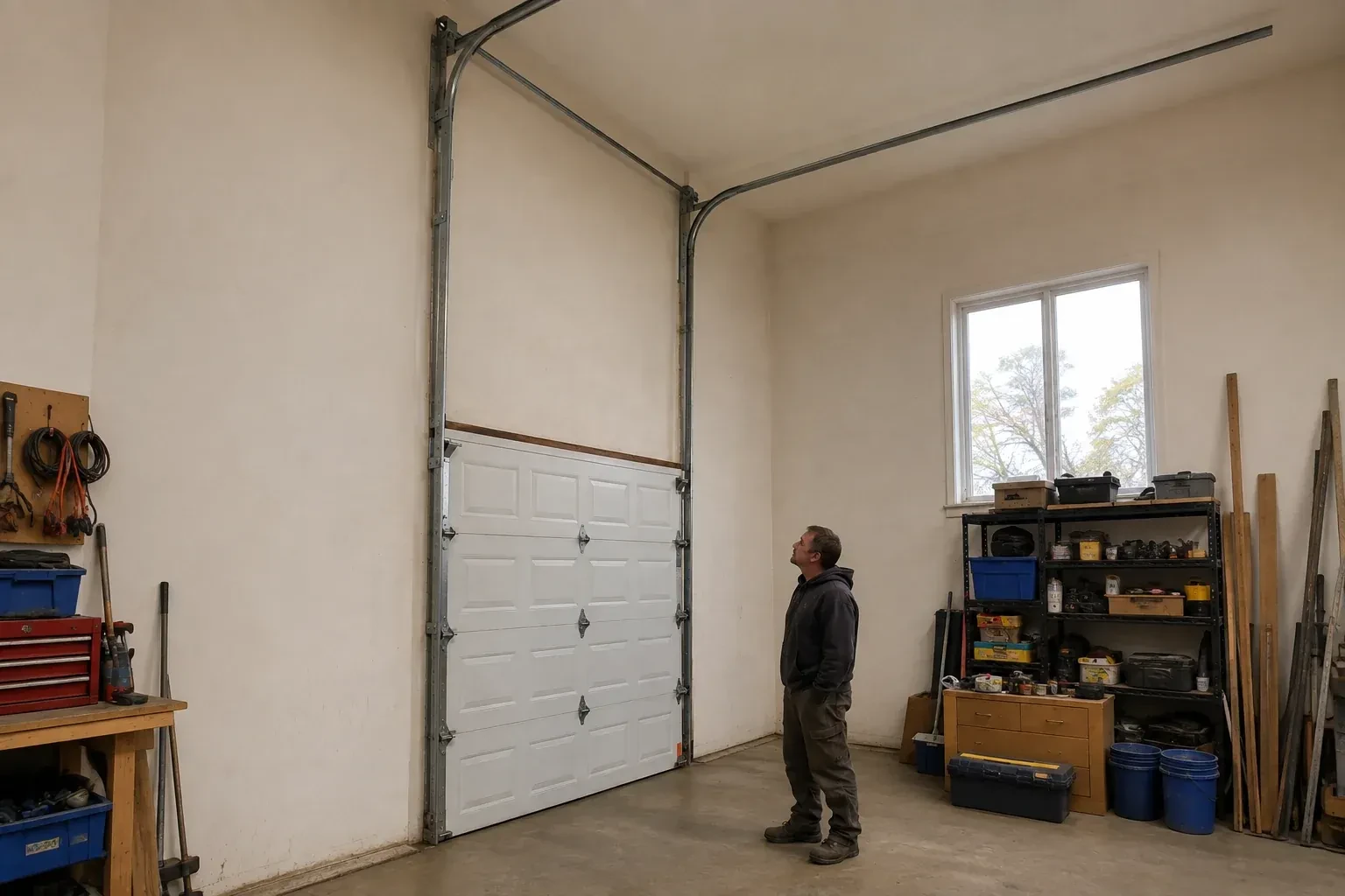 Vertical tracks extend above a closed garage door before curving near a high ceiling, while a person looks upward. — High-Lift Garage Door Conversion, Grimsby