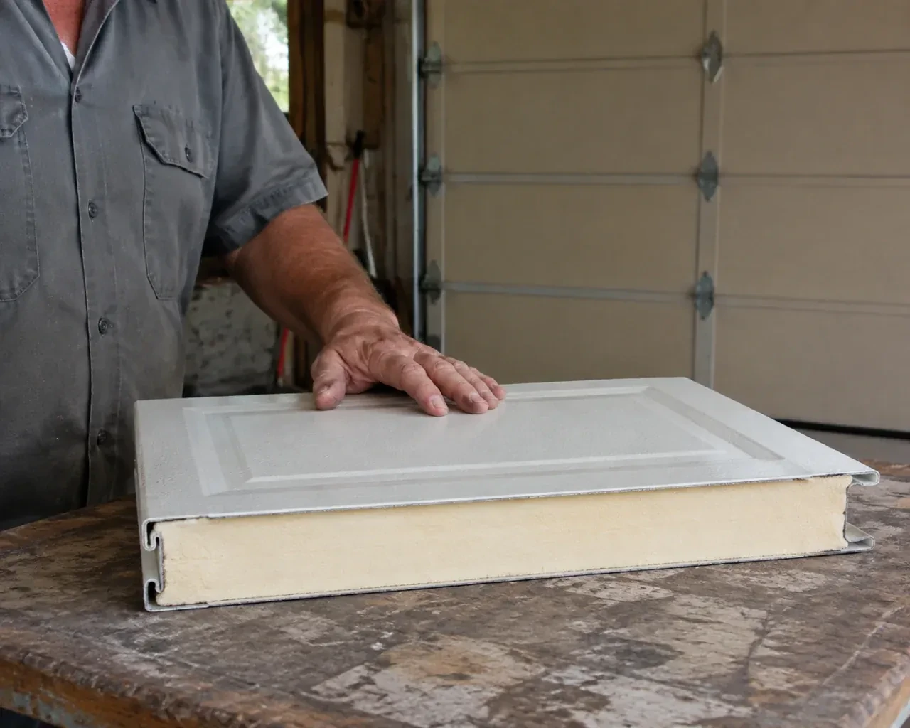 A panel sample exposes a cream foam core between thin metal faces on a garage workbench. — Insulated Steel Garage Door Installation, Grimsby