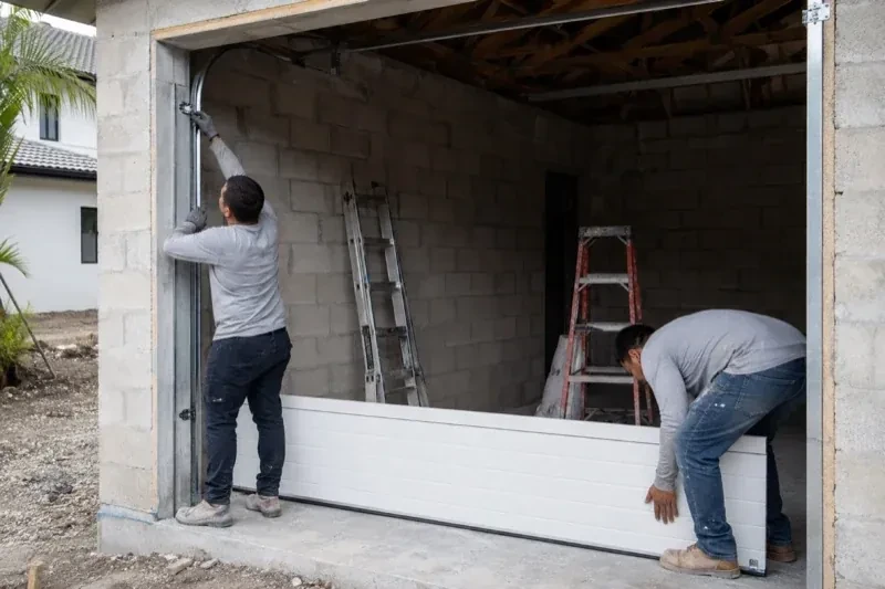 Two people positioning a white garage-door panel and side track in an unfinished masonry garage. — New-Construction Garage Door Installation, Grimsby