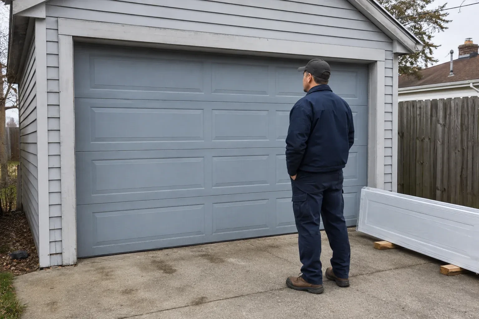 A person examines a blue-grey sectional garage door with a packaged door panel resting beside the driveway. — Sectional Garage Door Replacement, Grimsby